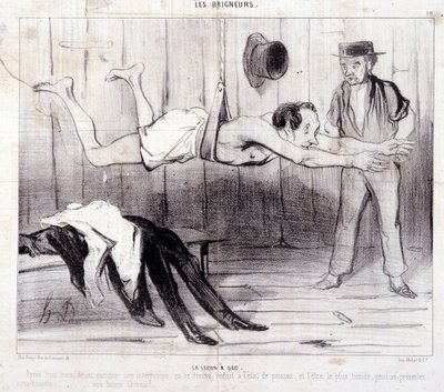 Sarjakuva turisteista lomalla. Sarja "Les Baigneurs": "La lecon a dry". Sarja "Les Baigneurs": "La lecon a dry". Honore DAUMIERin (1808-1879) kaiverrus. Ote sanomalehdestä "Le Charivari". Koko 25x36cm, laatikko 12 Marseille, Musee tekijältä Honoré Daumier