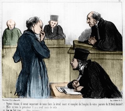 Sarjakuva Daumier: Sarja "" Les Gens de justice"" julkaistu "" Charivari" -julkaisussa 4.3.1846. Todistajan kuuleminen. tekijältä Honoré Daumier