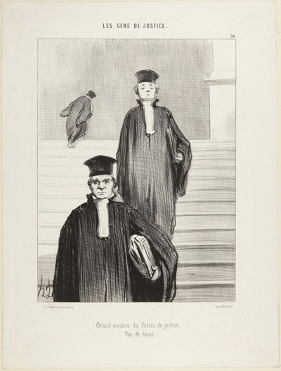 Oikeuspalatsin suuri portaikko edestä nähtynä, numero 36 sarjasta "Oikeuslaitoksen väki" tekijältä Honoré Daumier
