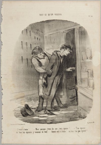 Mä haluun juotavaa!..., numero 36 sarjasta "Kaikki mitä halutaan" julkaisusta Le Charivari tekijältä Honoré Daumier