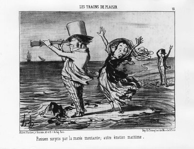 Pleasure Trains: Pariisilaiset yllättyneitä nousevasta vuorovedestä; muu merellinen tunne - kirjoittanut Daumier "" Les chemins de fer"", kirjassa "" Charivari"" 18.9.1852. tekijältä Honoré Daumier