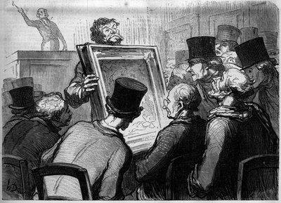Maalauksen ystävät Hotel Bouillonissa. Honore Daumierin (1808-1879) pilapiirros. Kaiverrus lehdessä "Le Monde Illustré" nro 250, 25. tammikuuta. tekijältä Honore Daumier