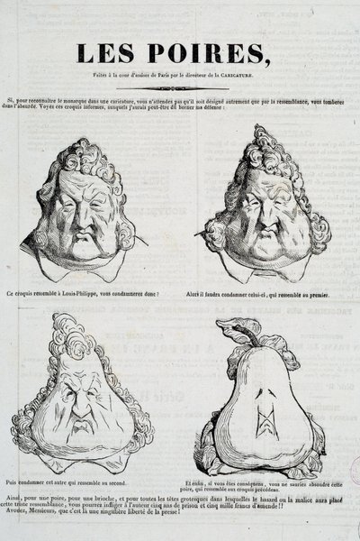 Päärynät: Karikatyyri, joka edustaa Louis Philippen päärynän kasvojen metamorfoosia. Honore Daumierin (1808-1879) piirustus Charles Philipponin (1806-1862) alkuperäisen piirustuksen mukaan "" La Caricature", tammikuu 1832 Paris, Musee Carnavalet tekijältä Honoré Daumier