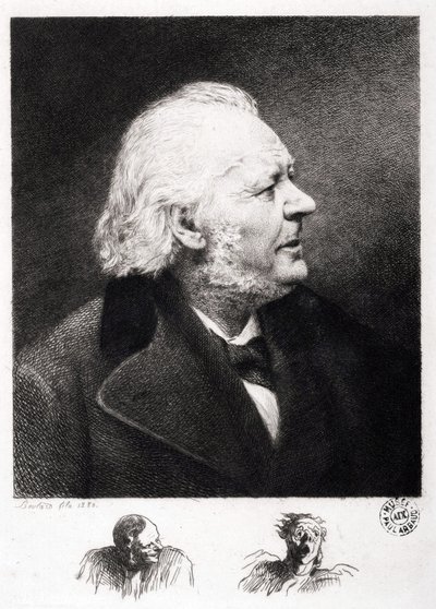 Honore Daumierin (1808-1879), ranskalaisen kaivertajan, maalarin ja kuvanveistäjän muotokuva. Pojan Boulardin kaiverrus tekijältä Honoré Daumier