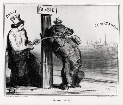 Venäjä: karhu järkyttynyt (Euroopasta). Maaliskuussa 1854 Ranska ja Englanti solmivat liiton Turkin kanssa Venäjää vastaan. Honore Daumierin (1808-1879) kuvitus, joka julkaistiin uutislehdessä "Charivari". tekijältä Honoré Daumier