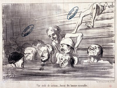 Sarja "" Les Bains de Mer"": "" Vesipiirros. Uimakoulu, joukko järkeviä miehiä." Kaiverrus Honore DAUMIER (1808-1879). Ote sanomalehdestä "" Le Charivari"" tekijältä Honoré Daumier