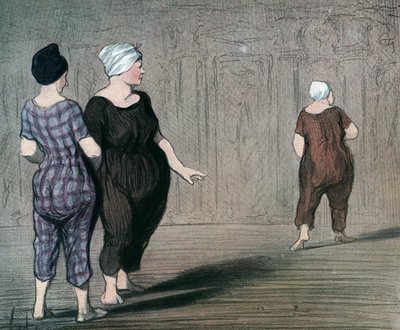 Sarja "" Les batheuses"" kaksi naista uimapuvussa tutkii toisen leikkausta, Honore Daumierin (1808-1879) karikatyyri 1844 (Uimarit: kaksi uimapukua pukeutunutta naista, katsovat ylös ja alas toisen vyötäröltä) Yksityinen kokoelma tekijältä Honoré Daumier