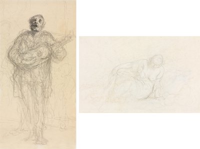 Laulava kitaristi (recto); Makaava nainen nojaa käsivarteensa (käänteinen) tekijältä Honoré Daumier