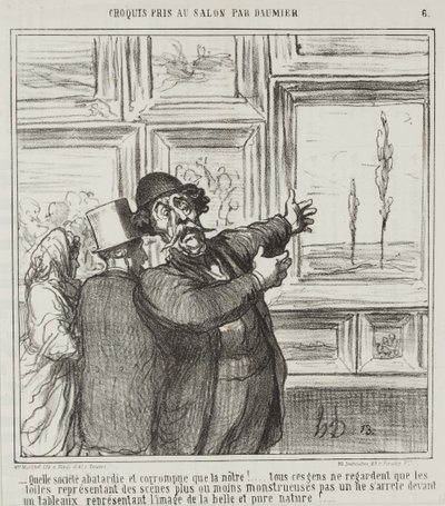 Luonnos, jonka on tehnyt Daumier Salonissa, nro. 6: Katsokaapa, missä rappeutuneessa ja korruptoituneessa maailmassa elämme. . . tekijältä Honoré Daumier
