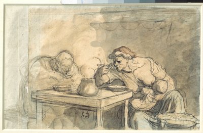 Keitto Pari työntekijää syömässä keittoa, äiti imettää vauvaa. Akvarelli Honore Daumier (1808-1879). 1862-1865. Himmeä. 0,3x0,49 m. Pariisi, Louvre-museo tekijältä Honoré Daumier