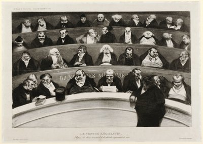 Lainsäädäntövatsa: Näkymä ministeripenkeistä improvisoidussa kammiossa 1834 (litografia) tekijältä Honoré Daumier