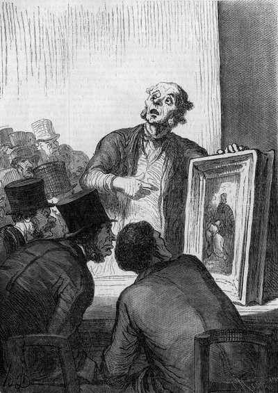 Huutokauppatalo: taiteen asiantuntija. Honore Daumierin (1808-1879) karikatyyri. Kaiverrus "" Le Monde Illustré" -julkaisussa nro 308 7. maaliskuuta tekijältä Honoré Daumier