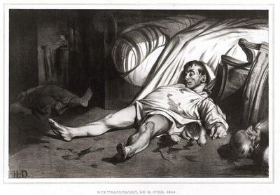 Rue Transnonainin verilöyly 14.4.1834 (litografia) 1837 tekijältä Honoré Daumier