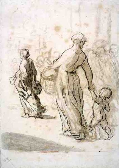Kaksi naista ja lapsi, n. 1848-50 (liitu, puuhiili ja guassi antiikkipaperilla) tekijältä Honoré Daumier