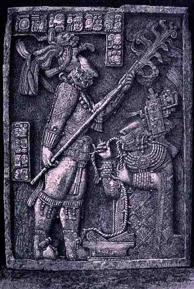 Kaiverrettu kivisilta temppelistä 23, Yaxchilan, 726 jKr., jossa hallitsija Shield Jaguar ja hänen vaimonsa Lady Xoc suorittavat verenlaskurituaalia, Claude-Josin The Ancient Cities of the New World -sarjasta. tekijältä Honore after Chapuis