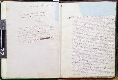 Ensimmäinen sivu ja omistus Le Pere Goriotin madame Hanskalle (kynä ja muste paperille) tekijältä Honore de Balzac
