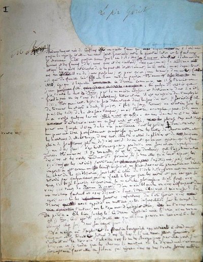 Le Pere Goriotin käsikirjoituksen ensimmäinen sivu (kynä ja muste paperille) tekijältä Honore de Balzac