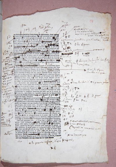Todiste "Modeste Mignon" -julkaisun sivulta 174, jossa on kirjoittajan huomautuksia ja korjauksia (kynä ja muste paperille) tekijältä Honore de Balzac