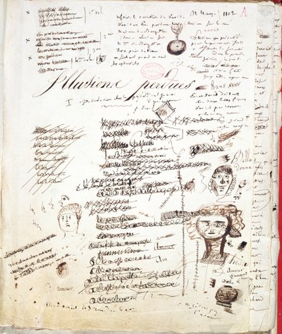 Les Illusions Perduesin otsikkosivu, c. 1830-40 (kynä ja muste paperille) tekijältä Honore de Balzac