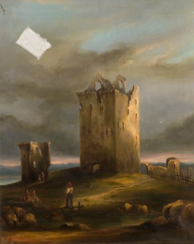 Broughtyn linnan rauniot Tayssa Katse itään, n. 1846 (öljy kankaalle) tekijältä Horace G. Fenwick