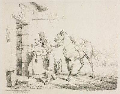 Husaari syleilee palvelijaa. tekijältä Emile Jean Horace Vernet
