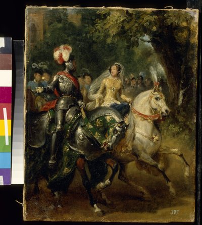 Cavalcade - Peinture de Horace Vernet (1789-1863), huile sur toile (28x22 cm), vers 1842 - (Cavalcade, Öljy kankaalle, H. Vernet, n. 1842) - Valtion A. Pushkinin taidemuseo, Moskova tekijältä Emile Jean Horace Vernet