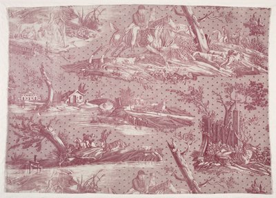 Fragmentti kuparipainettua puuvillaa metsästyskuvalla, n. 1815. tekijältä Emile Jean Horace Vernet