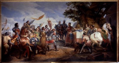 Ranskan ja Englannin sota (1202-1214): "" Bouvinesin taistelu 27.7.1214, Philippe Auguste asettaa peliin Ranskan kruunun"" Hän vastusti Philippe Augusten ranskalaista armeijaa Othon IV:n flaamilaisia ja welfiä vastaan . Ranskan voitto oli ratkaiseva o tekijältä Emile Jean Horace Vernet