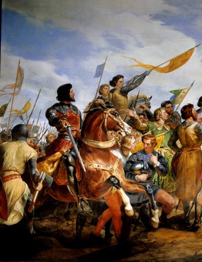 Ranskan ja Englannin sota (1202-1214): "" Bouvinesin taistelu 27.7.1214, Philippe Auguste asettaa peliin Ranskan kruunun"" Hän vastusti Philippe Augusten ranskalaista armeijaa Othon IV:n flaamilaisia ja welfiä vastaan . Ranskan voitto oli ratkaiseva o tekijältä Emile Jean Horace Vernet