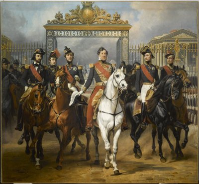 Kuningas Louis-Philippe viiden poikansa ympäröimänä poistumassa Versailles