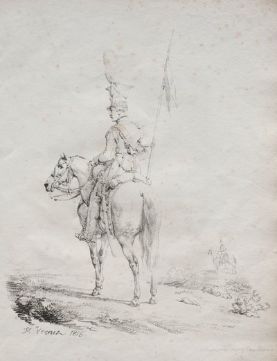 Kokoelma litografisia esseitä: Le Lancier en Vedette, 1816. tekijältä Emile Jean Horace Vernet