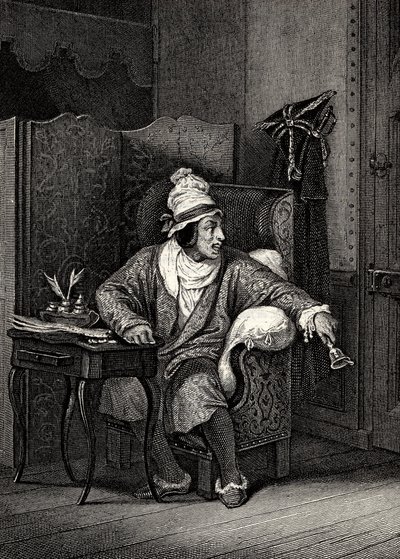Kohtaus Molieren kuvitteellisesta Invalidista, Horace Vernet, kaiverrus - Jean-Baptiste Poquelin dit Moliere (1622-1673) Le Malade imaginaire tekijältä Emile Jean Horace Vernet