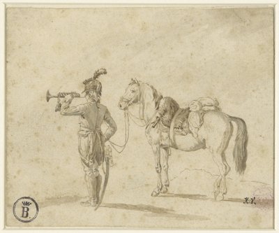 Trumpetisti hevosen vieressä tekijältä Emile Jean Horace Vernet