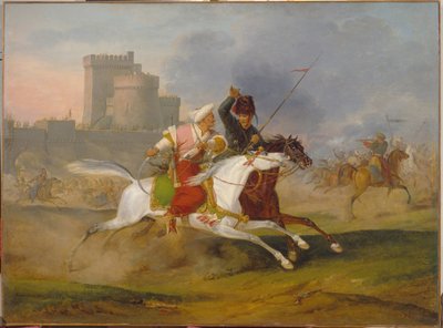 Turkki ja kasakka - Horace Vernet (1789-1863), öljy kankaalle tekijältä Emile Jean Horace Vernet