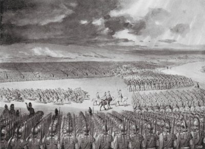 Poros odottaa Aleksanterin hyökkäystä, heinäkuu 326 eaa. (litografia) tekijältä Horace van Ruith