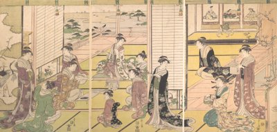 Kolmen runouden jumalan kunnioittaminen: Naiset säveltävät runoja, n. 1792. tekijältä Hosoda Eishi