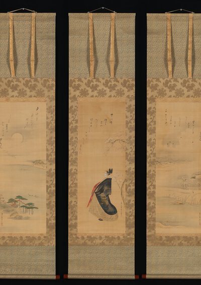 Lumi, kuu ja kirsikankukkia Yoshiwara kolmessa vuodenajassa, 1800-luvun alku. tekijältä Hosoda Eishi