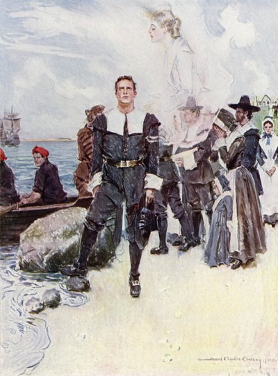 Kuvitus Henry Wadsworth Longfellowin The Courtship of Miles Standishin teokseen (värilitho) tekijältä Howard Chandler (after) Christy