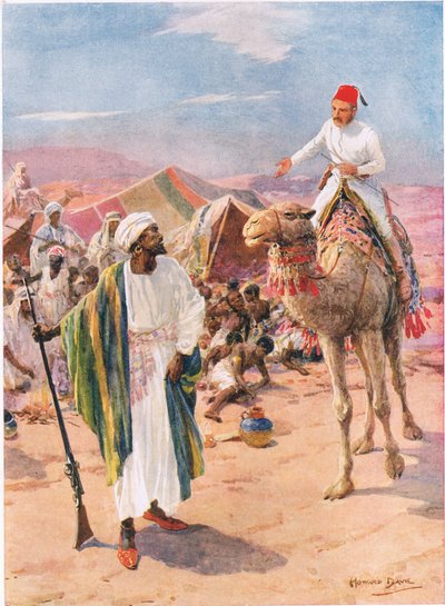 "Yksin ja aseeton Gordon ratsasti orjien leiriin", kuvitus C. Sheridan Jonesin teoksesta "Brave Deeds By Brave Men", pub. 1922 (litho) tekijältä Howard Davie