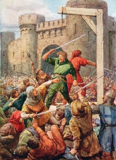 Takaisin vastakkain seisoivat pelomattomat kaksi, kuvitus teoksesta "Robin Hood ja hänen elämänsä Merry Greenwoodissa", jonka kertoi Rose Yeatman Woolf, julkaisija Raphael Tuck tekijältä Howard Davie