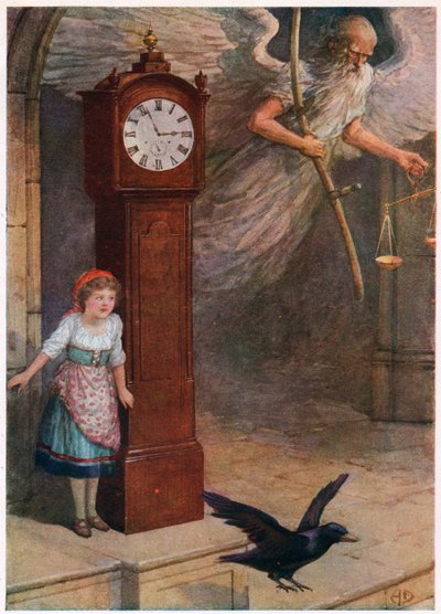 "Isän aika lensi." Italian Fairy Talesista, Lilia E. Romano, julkaisija Raphael Tuck & Sons (väri litho) tekijältä Howard Davie