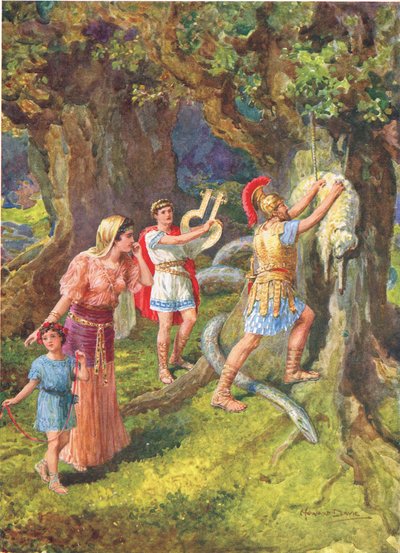"Jason repäisi fleecen irti puunrungosta", kuvitus kappaleeseen "Kuinka argonautit purjehtivat Colchikseen", Charles Kingsleyn (1819-75) kirjasta "How the Heroes of Greek Fairy Tales" (väri litho) tekijältä Howard Davie