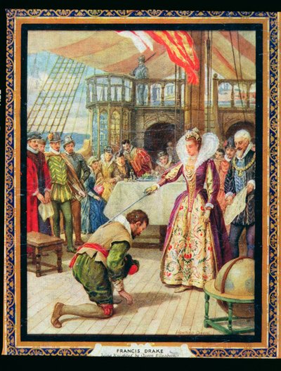 Kuningatar Elisabet I (1530-1603) ritarit Francis Drake (1540-96), kuvitus teoksesta "Historin sankarit" (väri litho) tekijältä Howard Davie