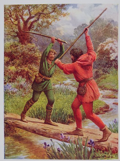 Taistelu Robin Hoodin ja Little Johnin välillä, kuvitus teoksesta "Robin Hood ja hänen elämänsä Merry Greenwoodissa", kertoja Rose Yeatman Woolf, julkaisija Raphael Tuck tekijältä Howard Davie