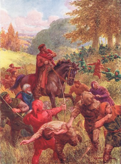 The Rescue of Sir Richard of the Lea, kuva Robin Hoodista ja hänen elämästään Merry Greenwoodissa, kertonut Rose Yeatman Woolf, julkaisija Raphael Tuck tekijältä Howard Davie