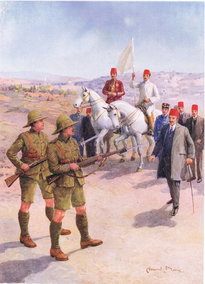 "Jerusalemin antautuminen kersantti Hurcombelle Lontoon rykmentistä", kuva C. Sheridan Jonesin teoksesta "Brave Deeds by Brave Men", pub. 1922 (litho) tekijältä Howard Davie