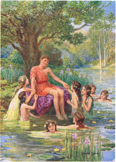"Vesinymfit tulivat katsomaan häntä ja rakastivat häntä", kuvitus kappaleeseen "Kuinka argonautit purjehtivat Colchikseen", Charles Kingsleyn (1819-75) kirjasta "How the Heroes of Greek Fairy Tales" (väri litho) tekijältä Howard Davie