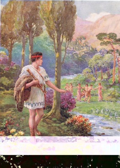 "Kivien ja puiden varjossa nymfit ja paimenet tanssivat", kuvitus Charles Kingsleyn (1819-75) kirjasta "Kuinka Theseus tappoi ihmisten söijät" (värilitho) tekijältä Howard Davie