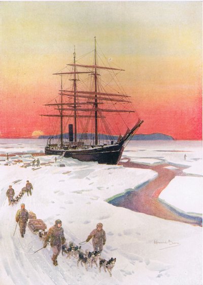 "Unloading the Terra Nova in McMurdo Sound", kuvitus C. Sheridan Jonesin teoksesta "Brave Deeds by Brave Men", pub. 1922 (litho) tekijältä Howard Davie
