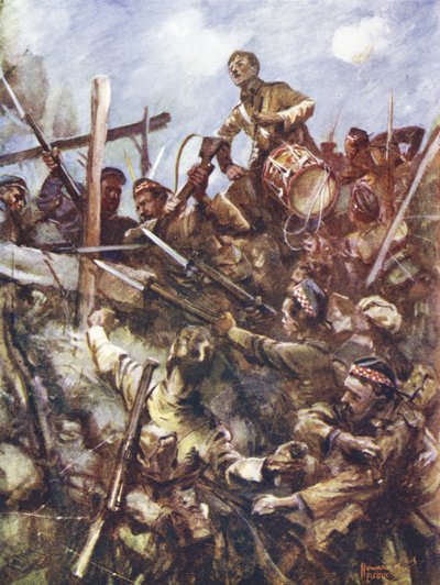 Rumpali Walter Ritchie seisomassa vihollisen kaiteella lyömään hyökkäystä raskaan konekivääritulen ja pommi-iskujen alla, Beaumont Hamel, Ranska, 1. heinäkuuta 1916 tekijältä Howard K. Elcock